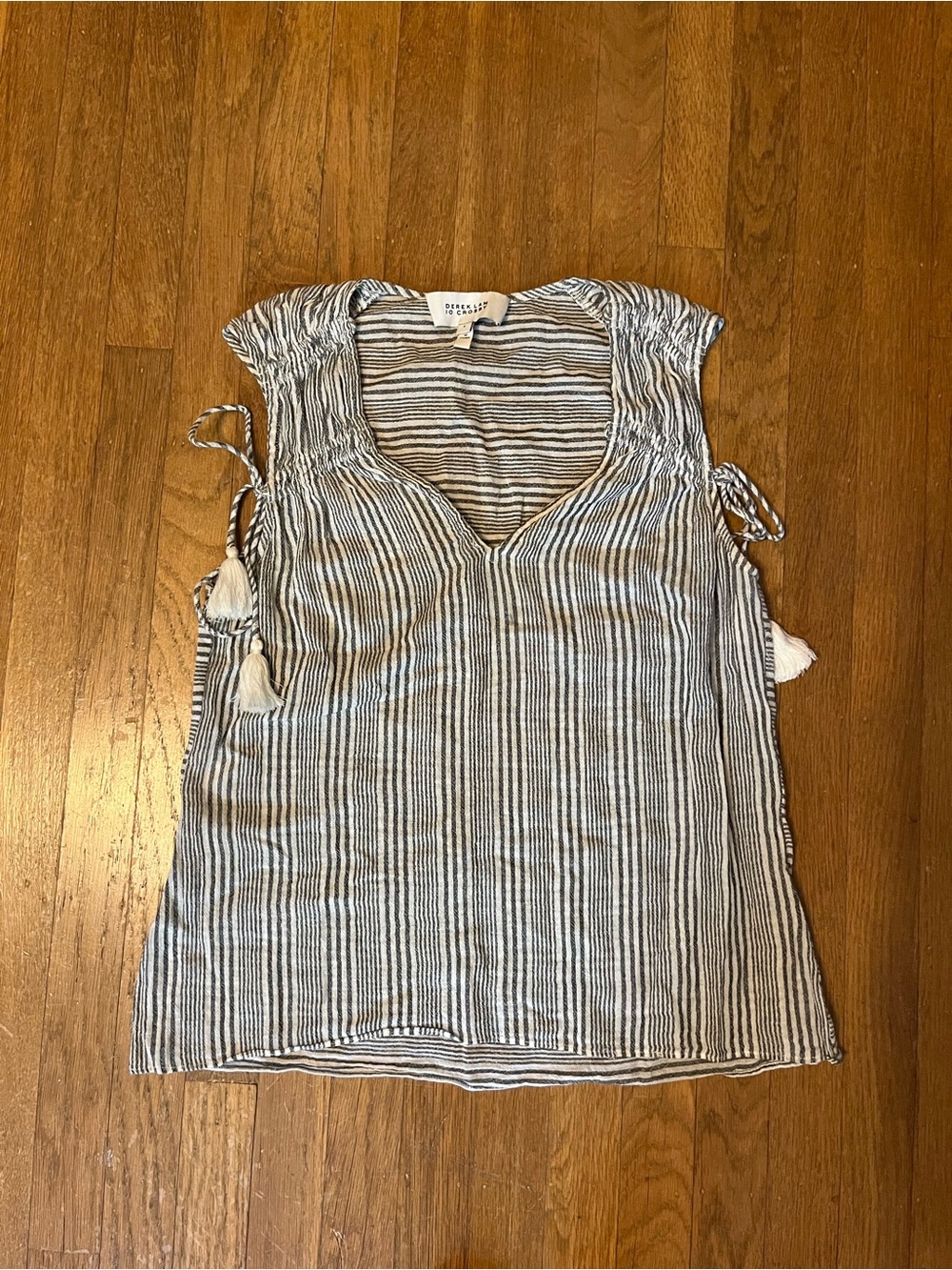 Striped Linen-Blend Tie-Sleeve Top in Blue and White